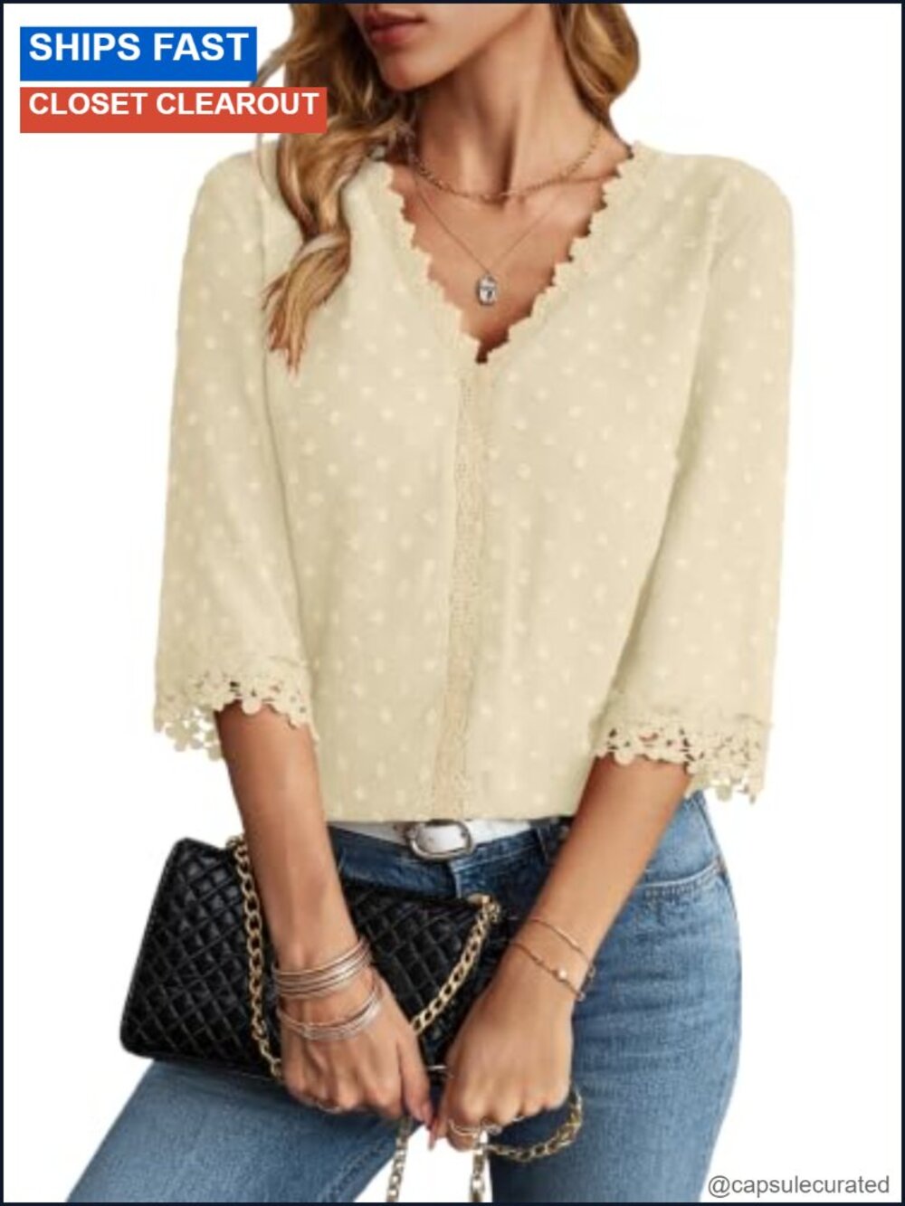 Women Swiss Dot V-Neck 3/4 Sleeve Blouse
